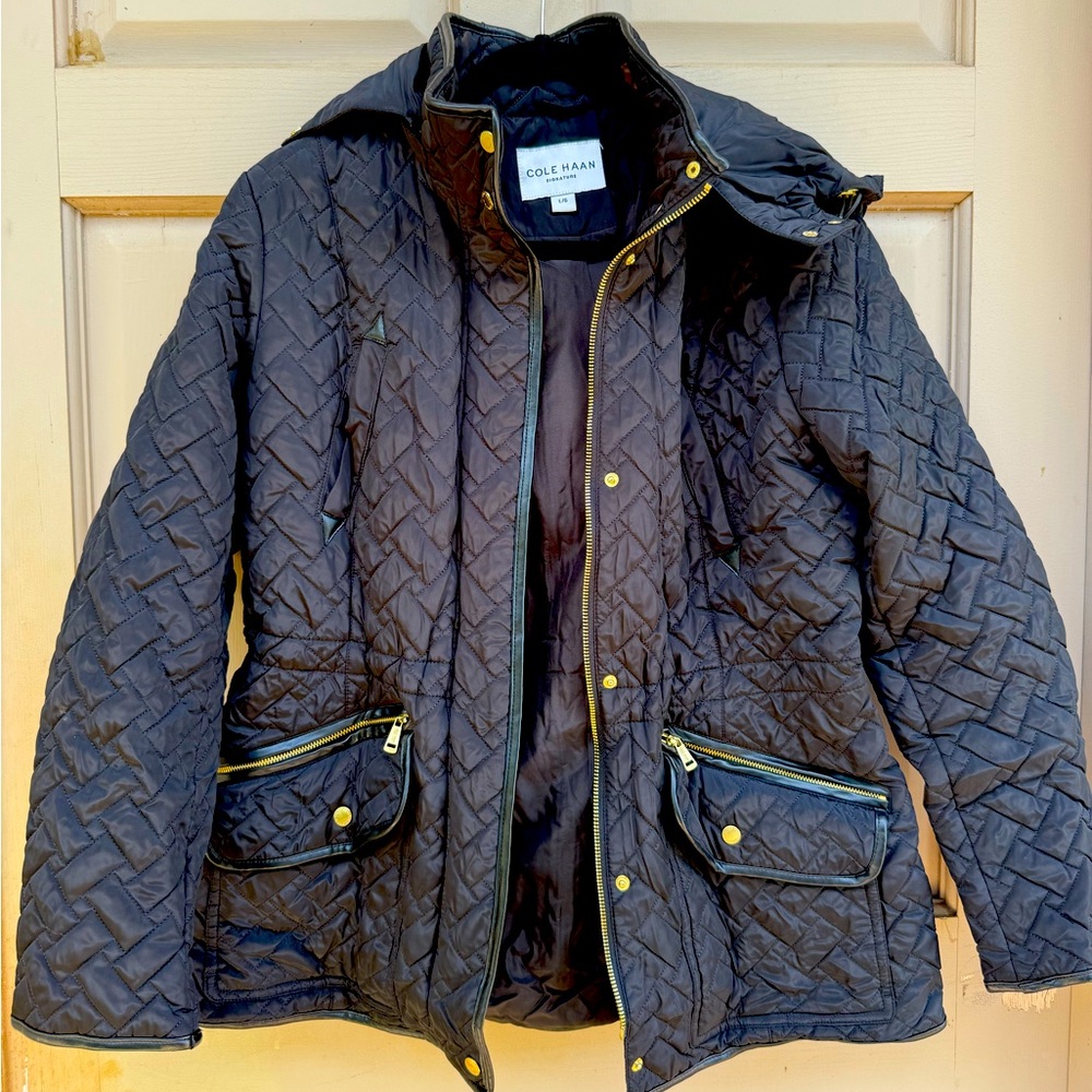 Cole Haan signature black fitted Quilted Jacket with Gold Accents
